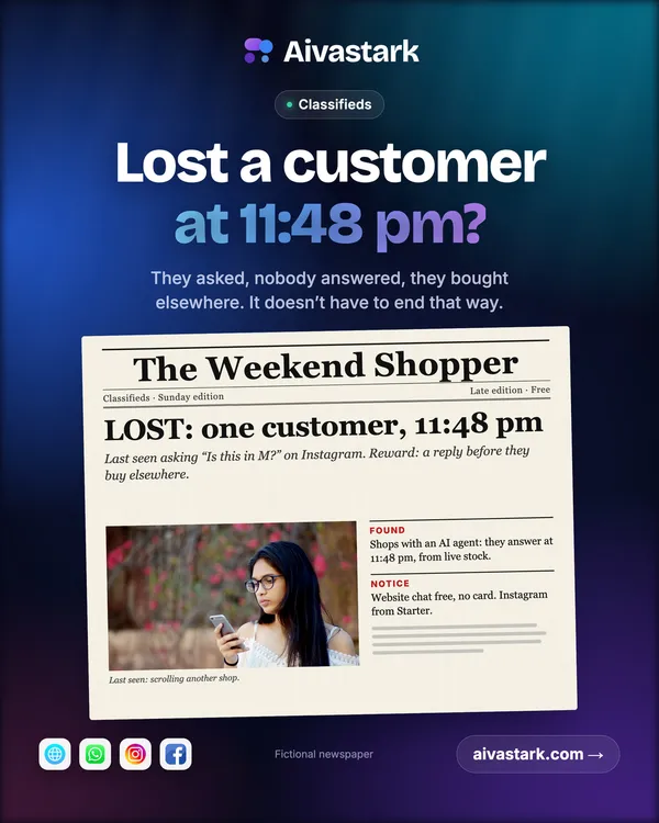 Aivastark poster: A classifieds page drawn in code, masthead “The Weekend Shopper”, headline “LOST: one customer, 11:48 pm”, standfirst about a customer last seen asking “Is this in M?”, a photo of a young woman reading her phone (“Last seen: scrolling another shop”) and sidebar notes “Found” and “Notice”.