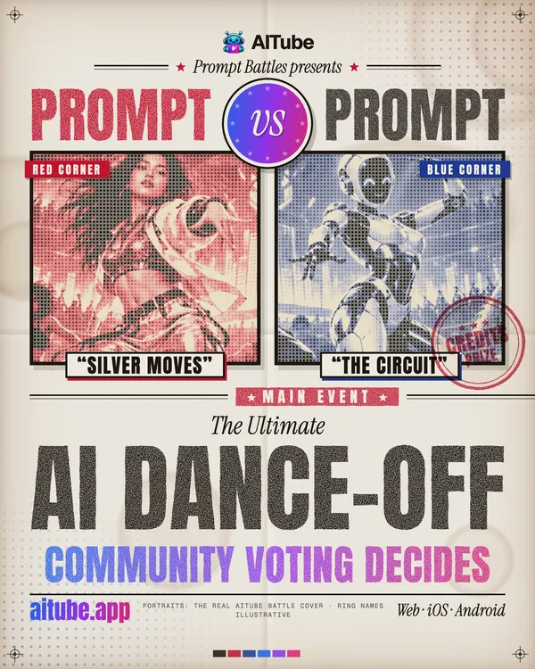 AITube poster: A worn cream letterpress fight poster. Wood type reads PROMPT in red and PROMPT in black around a gradient vs medallion. Below are two duotone portraits from the AITube Dance-Off cover: a dancer in the red corner, a white robot in the blue corner. The main event reads The Ultimate AI Dance-Off, with Community voting decides, a Credits Prize stamp and aitube.app.