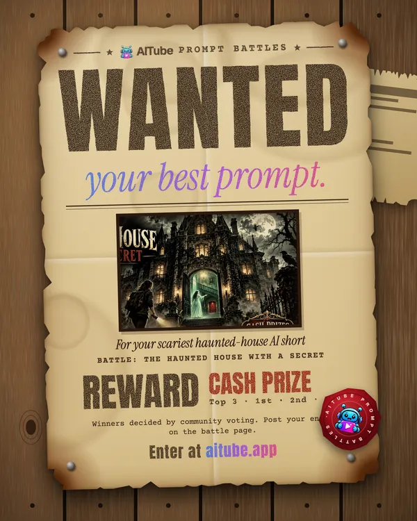 AITube poster: A torn, burnt-edged Western WANTED poster nailed to a wall of wooden planks. Huge wood type reads WANTED, then “your best prompt.” in gradient italics. The mugshot is a sepia crop of the AITube battle cover The Haunted House With a Secret. Below: Reward, Cash Prize, Top 3, a note that community voting decides, Enter at aitube.app and a red wax seal with the AITube mascot.